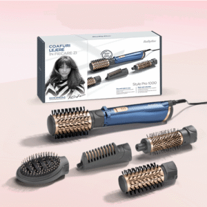 BaByliss AS966ROE Frizz‑Free Airbrush – 1000 W Rotating Hot‑Air Styler with 5 Ceramic Attachments